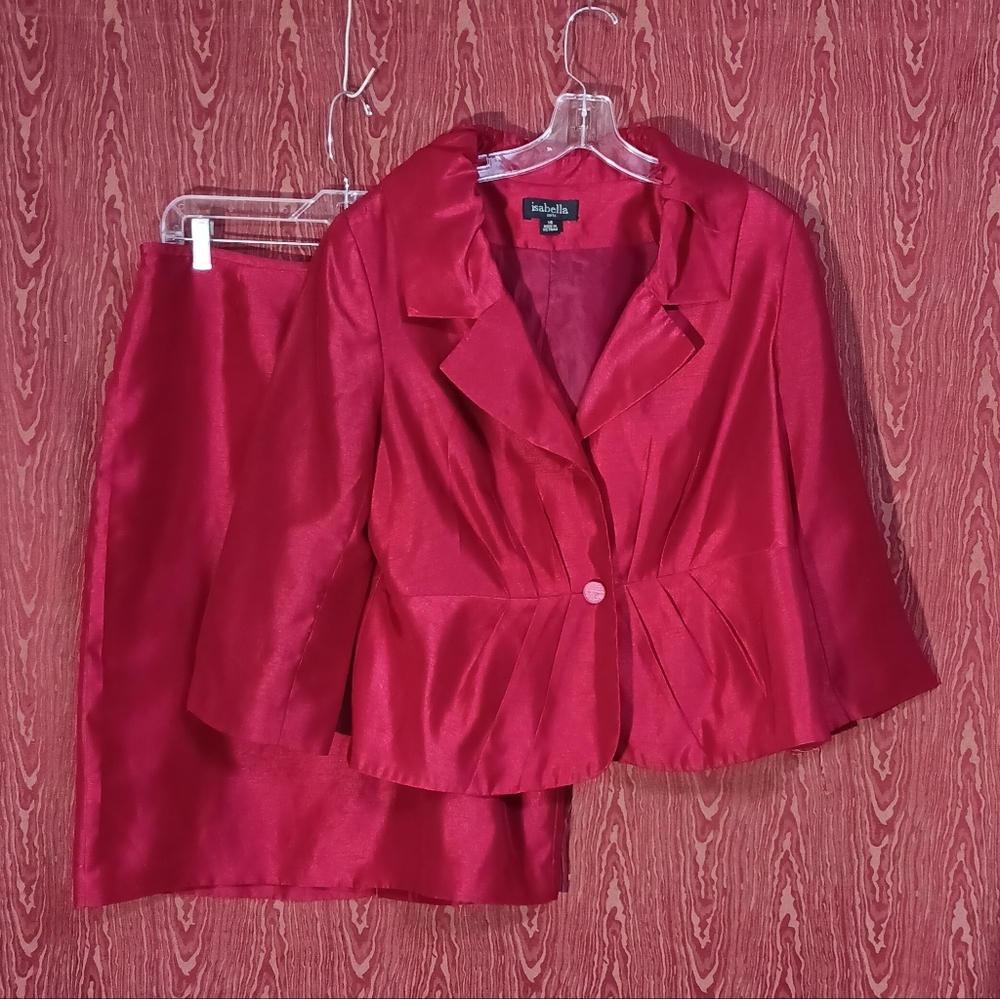 ISABELLA SUITS 2 Piece Burgundy Long Sleeve Collar Skirt Suit Women's 14